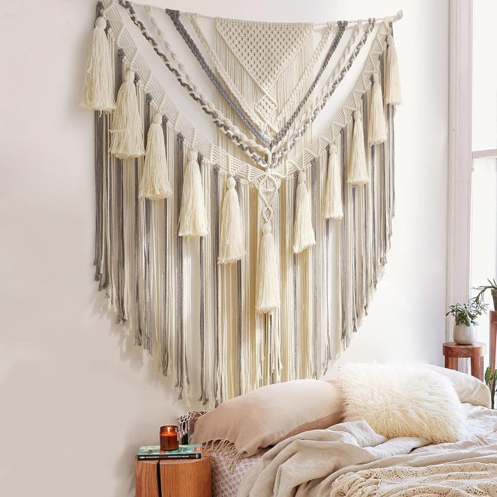 Boho Macrame Woven Handmade Craft Mid Century Modern Hanging Tassel Wall Decor - Picture 2 of 8